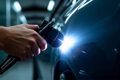 Un detailer che ispeziona con una luce la finitura di un'auto